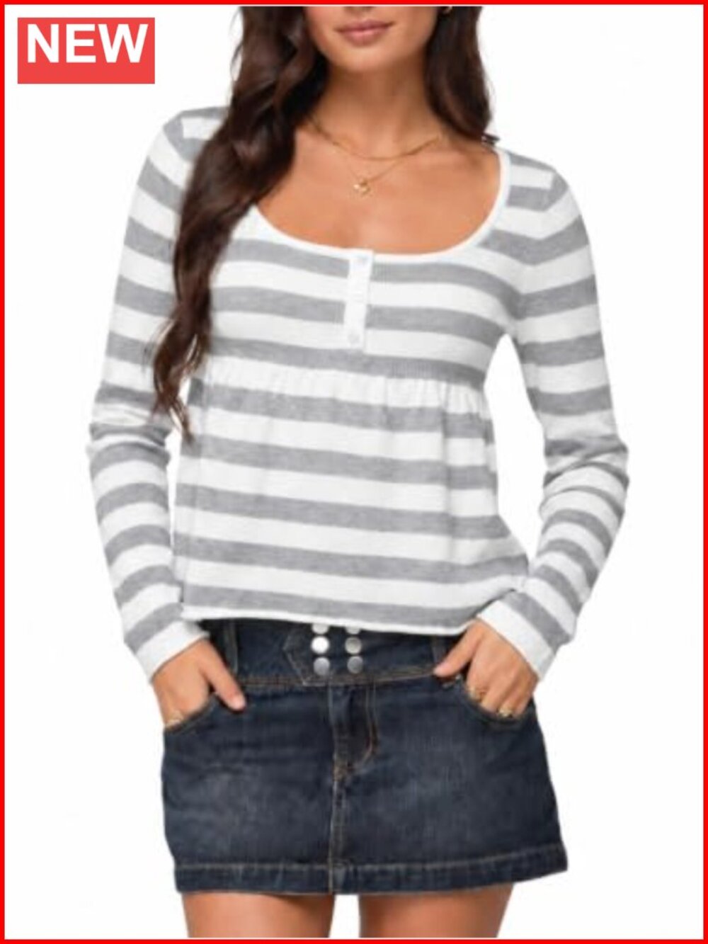 Imily Bela Babydoll Top Striped Henley Long Sleeve Sweater Peplum Y2K Knit